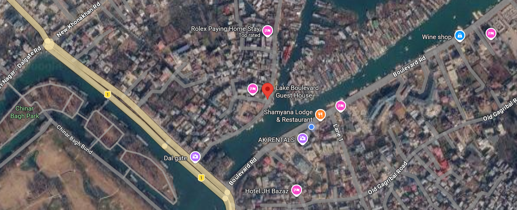 Exact satellite view showing Lake Boulevard Guest House, Dalgate, Srinagar